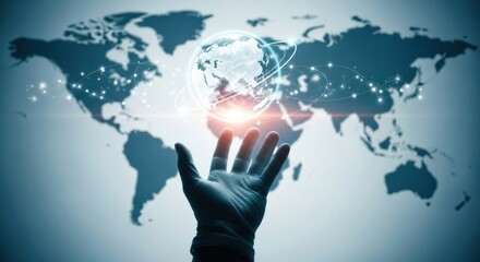 Hand reaching out towards a glowing digital globe with interconnected lines over a world map.