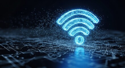 Abstract glowing blue wi-fi symbol with digital particles on a dark network background.
