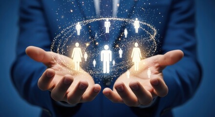 Businessman hands presenting a glowing network of people figures. Global connections and teamwork concept.