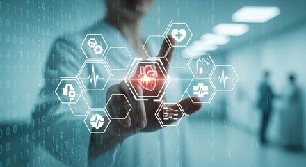 Doctor interacts with a futuristic holographic heart interface displaying medical data and icons.