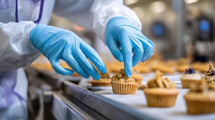 Worker wearing gloves and protective gear performing allergen testing on bakery items to prevent crosscontact in a food production facility.