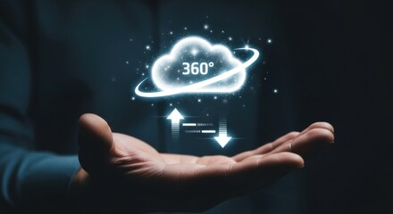 Hand supporting a luminous 360 degree cloud symbol with data transfer arrows.