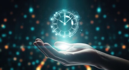 Close up of a hand holding a luminous digital clock overlay against a dark bokeh background.