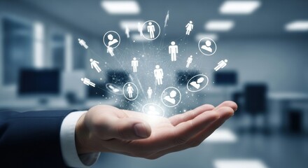 Hand holding a glowing network of people icons connected by lines and lights.