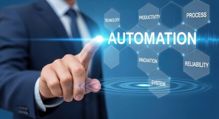 Businessman interacts with a glowing digital display showing automation concepts.