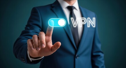 Businessman activates VPN security with a touch interface digital network protection online