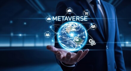 Futuristic concept of metaverse technology with a businessman holding a virtual globe.