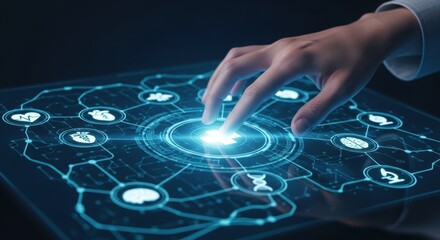 Futuristic digital interface with glowing medical icons and DNA strands, hand touching center focus.