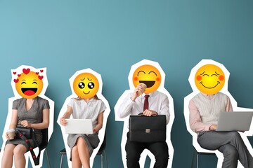 Business people with happy emoji instead of their heads sitting on chairs against blue background