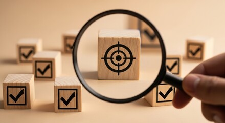 A hand holds a magnifying glass over a wooden cube with a target symbol. Other cubes with checkmarks surround it.