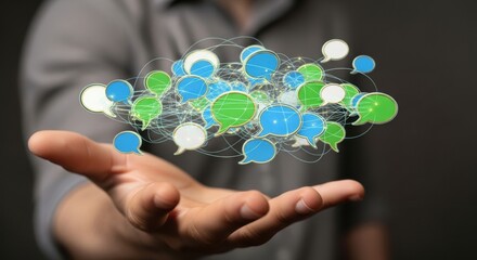 Man's open hand holds a glowing network of blue and green speech bubbles representing digital communication and connection.