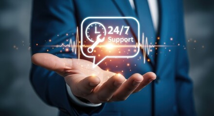 Close-up of a hand holding a 24/7 support icon. Features a wrench and clock within a speech bubble.