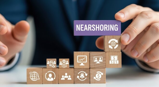 Man stacking wooden cubes with the word nearshoring on top. Business icons on cubes below. - Powered by Adobe