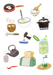 動きのある手書き風のキッチン・料理道具と食材のイラストセット