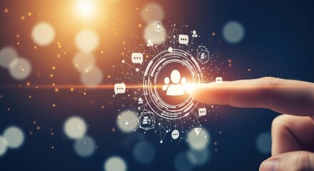 Close up of a finger touching a digital network interface with glowing icons and bokeh lights.