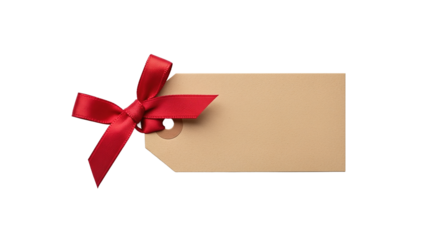 Blank gift tag with red ribbon bow on white background  
