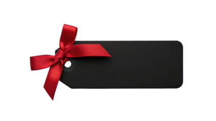 Blank black gift tag with red ribbon bow for labeling presents  