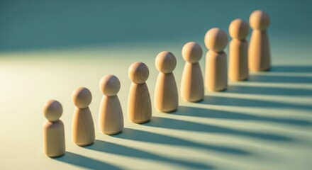 Wooden peg figures form an ascending line on a teal background with cast shadows.