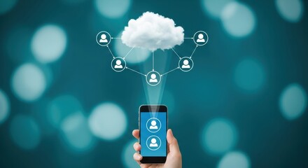 Smartphone connecting to a cloud with a network of people icons on a teal bokeh background.