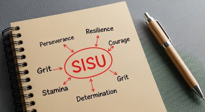 Sisu concept diagram on a notebook page with a pen nearby. Features words like courage, grit, determination.