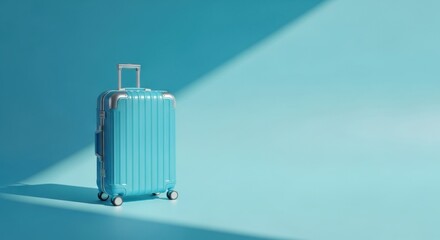 A turquoise suitcase stands against a bright blue background with diagonal sunlight shadows.