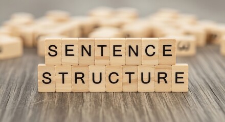 Wooden alphabet blocks spelling Sentence Structure against a blurred background.