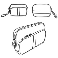 Outline Illustration of a Stylish Cosmetic Bag in Multiple Angles.