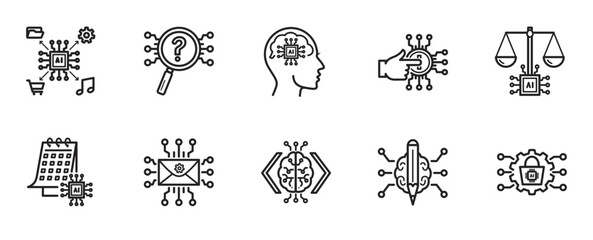 Obraz premium Human and AI Interaction Icon Set - Minimalis Outline Style contain collaboration for education, management, finance, workflow, presentation, health, ideas, brainstorming, life support