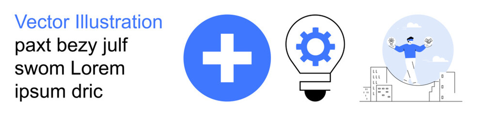 Fototapeta premium Healthcare, innovation, personal growth, problem-solving, creativity, work-life balance. A blue cross, gear lightbulb and a figure balancing in a modern infographic. Healthcare and innovation
