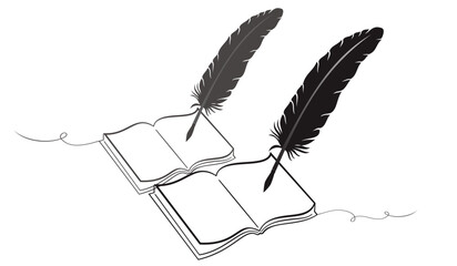 hand draw two opened book with feather pen, poetry scribble doodle style rough sketch, isolated on white, vector graphic illustration. Design for stickers, logo, web etc © Ari