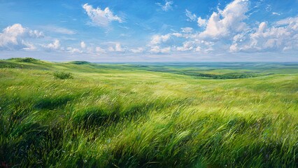 Obraz premium A serene and expansive panoramic landscape of vibrant green grass fields under a vast blue sky dotted with soft white clouds, symbolizing peace and natural growth