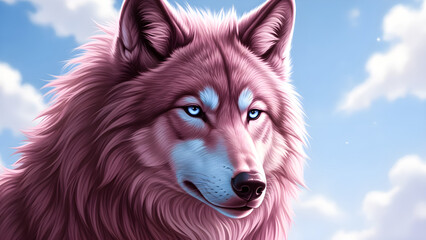 Digital artwork portrays a magnificent pink wolf with striking blue eyes set against a bright blue cloudy sky background
