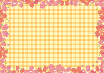 愛らしい桜の花びらとチェック柄をフレームにした背景イラスト