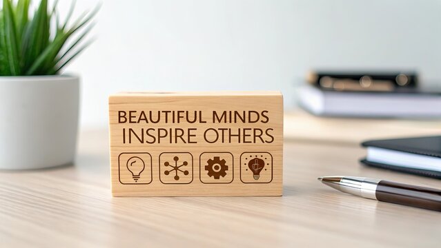 Wooden cubes spelling 'Beautiful Minds Inspire Others' on table, symbolizing creativity, leadership, empathy