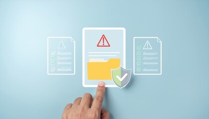 Finger points to File security threat, shield with checkmark; digital, minimalist icon style on blue, for cyber security, safe data access