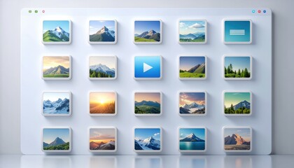 Whiteboard displaying varied mountainscapes and videos in a minimalist style, clean presentation, user interface mockup for app design context.