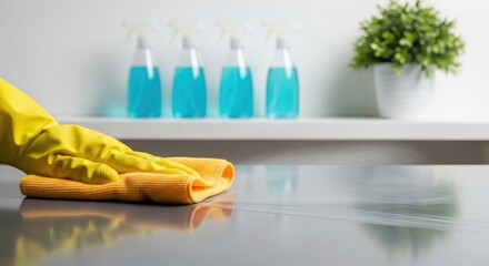 Yellow cleaning gloves and orange cloth on a reflective surface with blue spray bottles on a shelf in the background