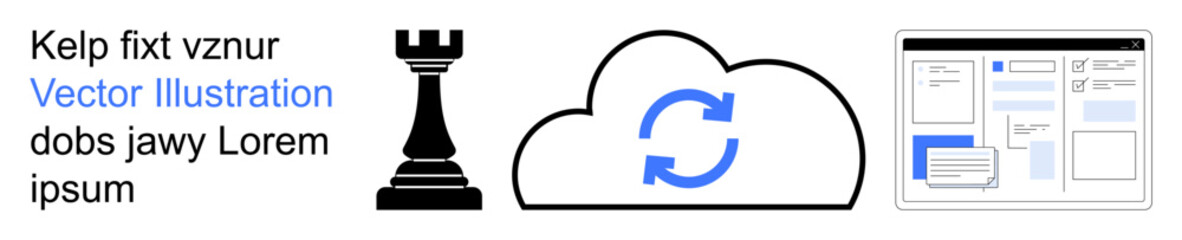Cloud services, strategic planning, digital synchronization, decision-making processes, data storage, interface design. A rook chess piece, cloud with arrows and webpage layout. Strategic planning © robu_s