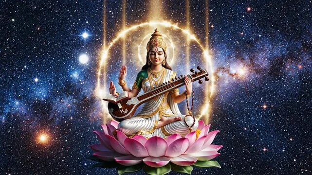 Digital illustration of goddess saraswati playing the veena, radiating divine peace from a lotus against the starry cosmos for basant panchami.
