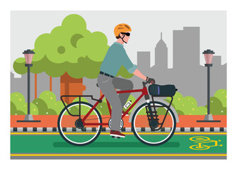 Man riding bicycle on the bicycle line. Commuter biking. Simple flat illustration.
