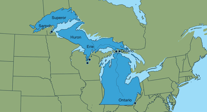 Map of the Great Lakes region of North America, showing the interconnected bodies of water and surrounding landmasses.