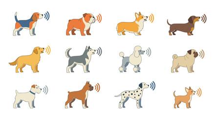 Fototapeta premium Flat vector collection of barking dog side view with sound waves. Set of diverse standing dog breeds making noise isolated on white background. Minimalist pet illustration set.