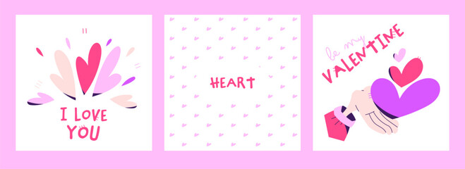 Set of three romantic vector love card backgrounds with hearts, hand, and decorative elements. Valentine themed designs with cute pastel style, perfect for greeting cards, posters, prints