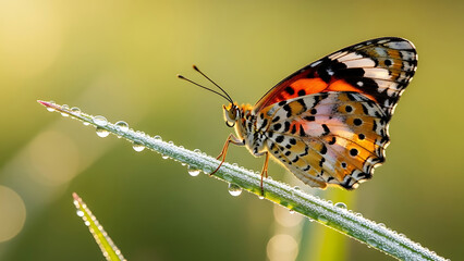 Obraz premium Butterfly Perched on Dewy Grass, Nature Close-Up Photography, Morning Light, Serene Environment