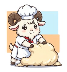 Fototapeta premium A cartoon sheep in a chefs hat kneads dough
