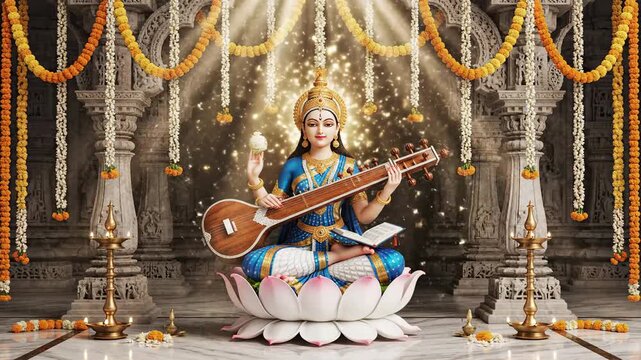 A radiant 3d render of goddess saraswati playing the veena on a lotus for basant panchami celebration.