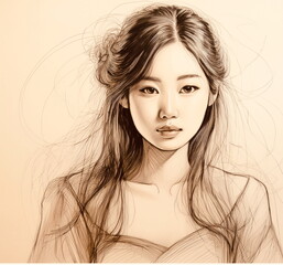 キャミソール姿の東洋人女性のラフスケッチ