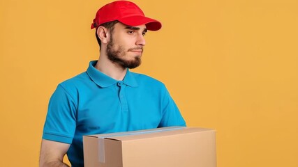 Swift Delivery: A focused delivery courier, clad in a red cap and blue polo shirt, carries a package with determined purpose, epitomizing reliable and rapid service.