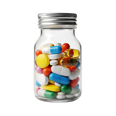 Stock photo of vitamins and supplements in a jar for health and wellness and daily nutrition needs, isolated on white or transparent background, PNG Format.