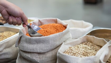 Hand scoops red lentils from burlap sack in zero waste grocery store, minimalist style, for conscious shopping and healthy eating lifestyle choice.